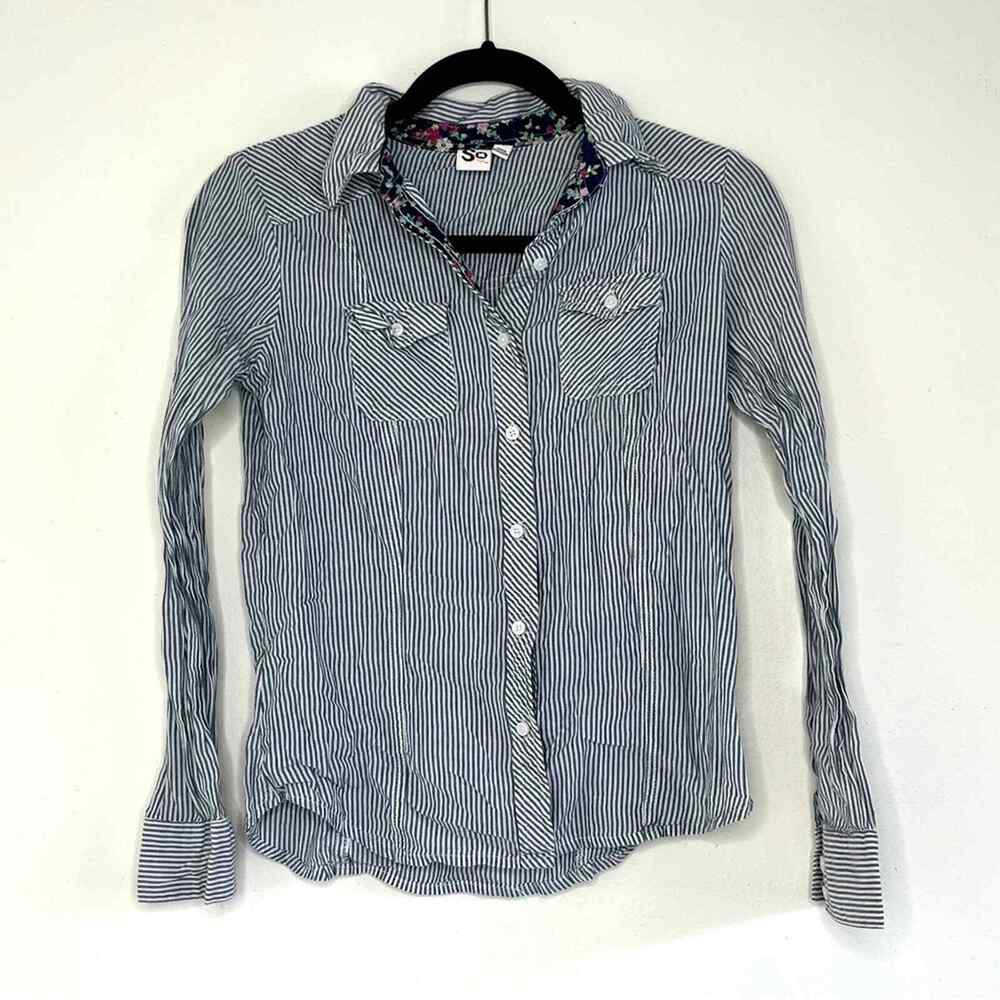 SO button down blue striped shirt size large flowered collar